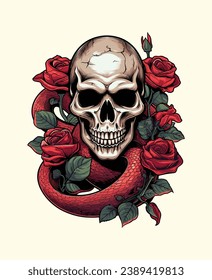 Skull vector illustration with rose and snike. Skull slogan, printable for tshirts sweatshirts. 