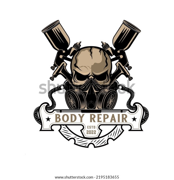 skull vector logo design. skull\
concept with painting tools, for car body repair and\
polishing.