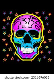 Skull vector neon for fashion design with stars, Mexican fiesta, Day of dead. Vector illustration 