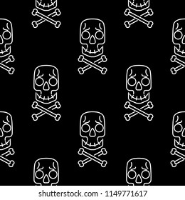 Skull vector seamless pattern on black, Halloween white  skulls background, Day of the Dead celebration