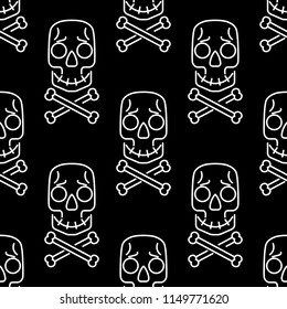 Skull vector seamless pattern on black, Halloween white  skulls background, Day of the Dead celebration