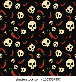 Skull vector seamless pattern on black. Mexican sugar with chili pepper.