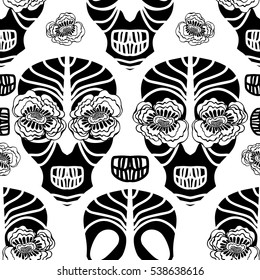Skull vector seamless pattern. Ornate black and white background. Sugar skull and flowers illustration.
