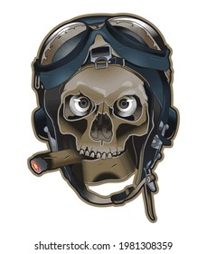 Skull vector smoking cigar with vintage pilot helmet isolated on white background. Realistic style and high detailed