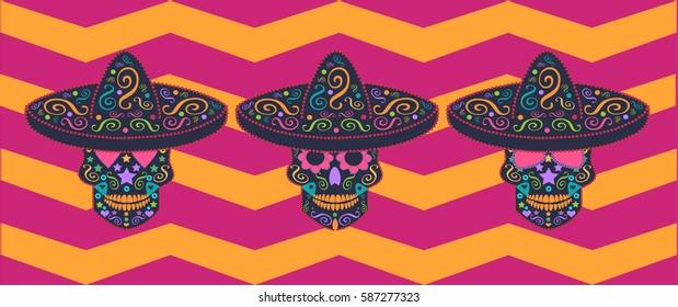 Skull vector with sombrero and zig-zag background pink color