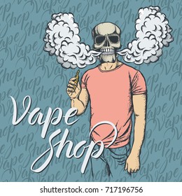 Skull vector vape concept. Skull smoking or vaping an electronic cigarette, in human suit. With inscription vape shop