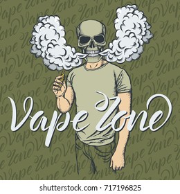 Concepto de vape vectorial cráneo. Humeando o vaporizando un cigarrillo electrónico, con traje humano. Con zona de vape de inscripción