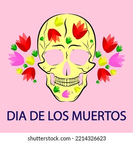 Skull with vibrant Mexican flowers for Day of the Dead Dia de los muertos, vector art illustration.