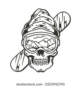 skull with view of iceberg on skis background. white and black line art. vector premium illustration