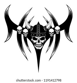 Skull in a Viking helmet against the background of a pattern.