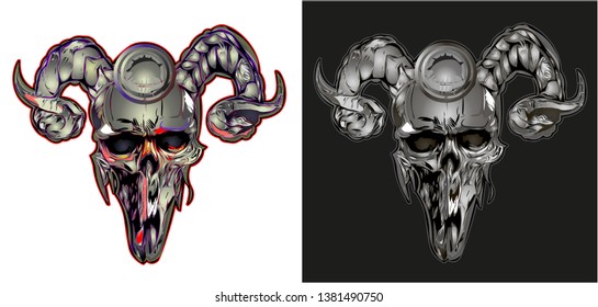 Skull Viking helmet with horns vector illustration isolated on black and white background