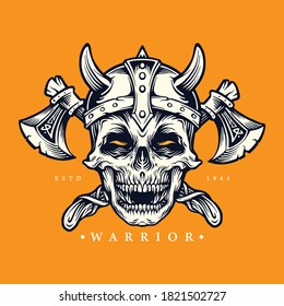 Skull Viking Warrior with axe and helmet Illustrations for clothing line mascot merchandise and stickers, apparel wear industry