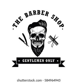 Skull Vintage Barber Shop Logo Retro Design Template Vector Illustration