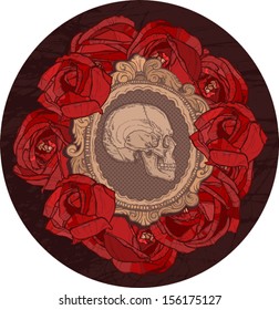 skull in vintage frame with red roses on the dark background