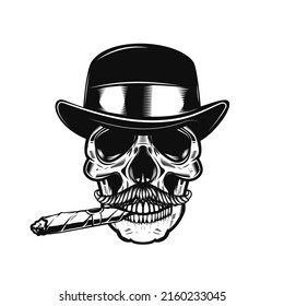 Calavera con sombrero vintage y con cigarro. Elemento de diseño para afiche, tarjeta, pancarta, signo. Ilustración del vector