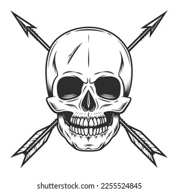 Skull and vintage hunting arrow in monochrome style isolated vector illustration. Design element for label or sign and emblem