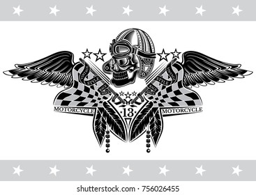 Skull in vintage race hat between crossed flags, wings and indian feather. Vintage motorcycle design on white