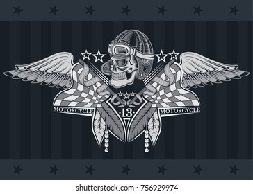 Skull in vintage race hat between crossed flags, wings and indian feather. Vintage motorcycle design on blackboard