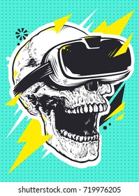 Caveira em óculos de realidade virtual. Ilustração pop art de crânio com dispositivo de realidade virtual. Boca aberta experimentando emoções. Pessoa morta em óculos de realidade virtual. Arte vetorial conceitual.