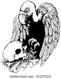 Skull vulture black and white vector, vertical,  isolated 