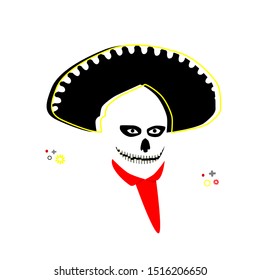 Skull waering a black sombrero hat with vector ilustration mbe style vector