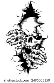 Skull In The Wall vector line art illustration