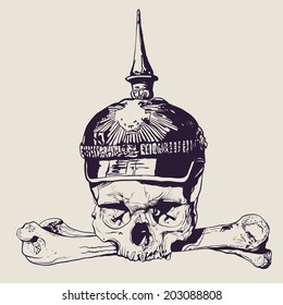 Skull in War helmet and crossbones. drawing style. vector illustration 