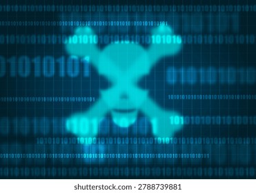 skull warning in binary code protection and cyber-attack online abstract background.