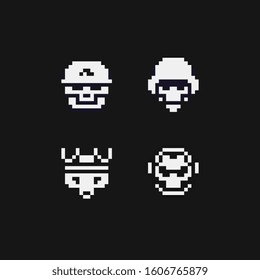 Skull warrior pixel art icons set. Sticker, logo and embroidery design. Isolated vector illustration. Video game assets 1 bit sprite.