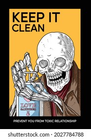 Skull washing hands illustration, this funny and spooky illustration with a vintage engraving hipster style is suitable as a poster or t-shirt design