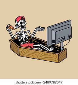 skull watching tv in coffin illustration