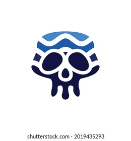 Skull with water wave combination.vector logo design editable as you wish