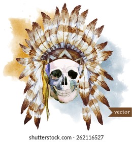 skull, watercolor, blur, war bonnet,  boho