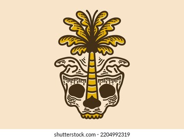 Skull wave and coconut tree vintage retro line art design