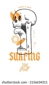 Skull with wave in mouth and fire in the eyes. Sun character surfing the wave. Beach sports silkscreen t-shirt print vector illustration.