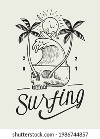 Skull wave vintage typography t-shirt. Sun character surfing big wave inside giant skull with palms growing from eyes. Vintage typography surfing vector illustration.