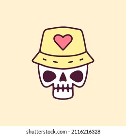 Skull wear bucket hat with love sign, illustration for t-shirt, poster, sticker, or apparel merchandise. With cartoon style.