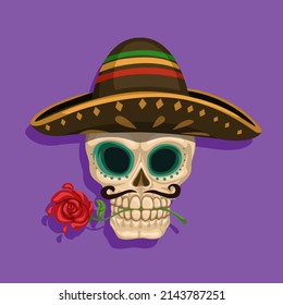 Skull wear mexican hat and rose flower symbol mascot traditonal festival cartoon illustration vector