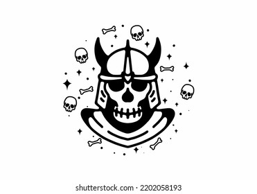 skull wearing armor helmet Black and white line art mono line tattoo design