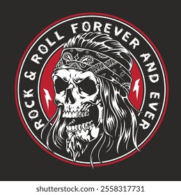 A skull wearing a bandana features prominently in a circular design. It displays the phrase rock and roll forever and ever highlighting a bold rebellious spirit.