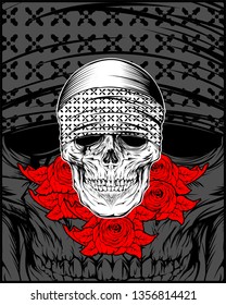 skull wearing bandana with rose.vector hand drawing,Shirt designs, biker, disk jockey, gentleman, barber and many others.isolated and easy to edit. Vector Illustration - Vector