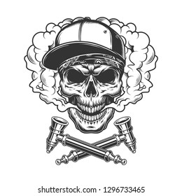 Skull wearing baseball cap and bandana in smoke cloud with crossed smoking pipes in vintage monochrome style isolated vector illustration