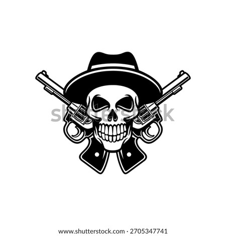 Skull wearing a black hat and two guns crossed 
