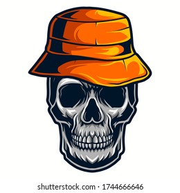 skull wearing bucket hat vector illustration isolated on white background