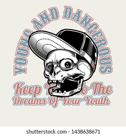 skull wearing cap,young and dangerous, .vector hand drawing,Shirt designs, biker, disk jockey, gentleman, barber and many others.isolated and easy to edit. Vector Illustration - Vector