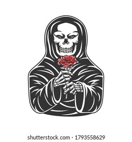 skull wearing cloak holding up rose. vector illustration