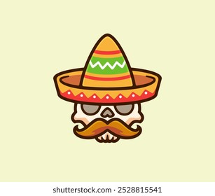 Skull Wearing a Colorful Sombrero with a Mustache Playful Cartoon Vector Illustration