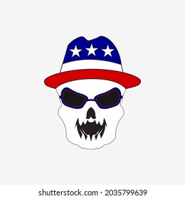 skull wearing a cowboy hat. icon color blue red white and star. vector illustration for logo or mascot