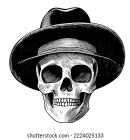 Skull wearing cowboy hat illustration, monochrome scull logo icon, Vintage skull for t-shirt or poster design.