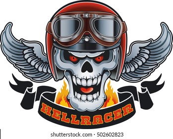 skull wearing crash helmet and goggles, banner with text "hellracer"